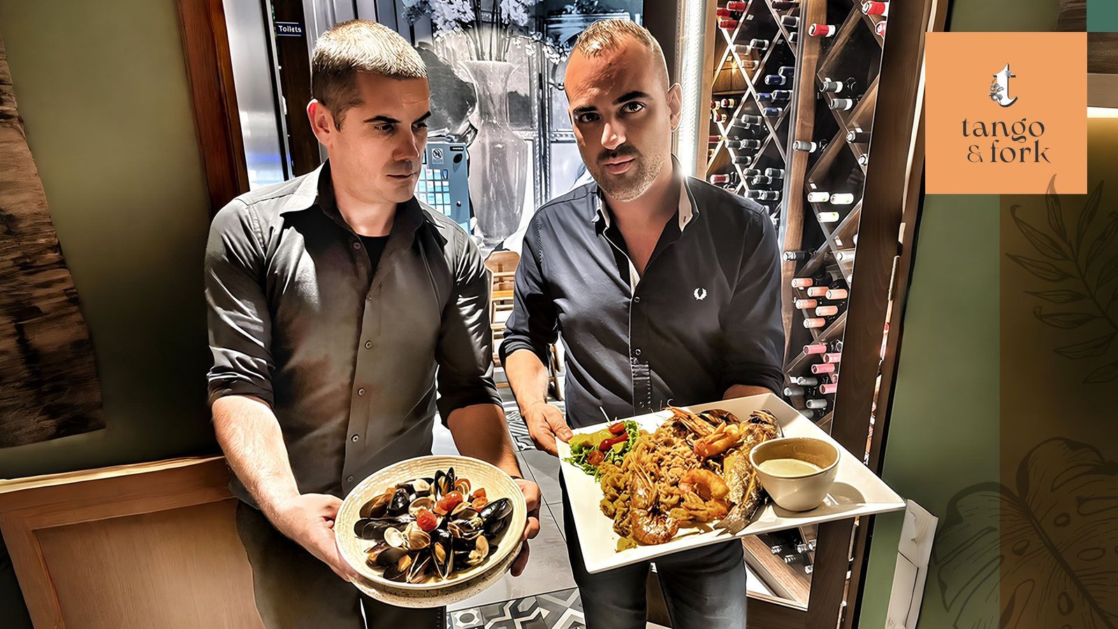 Restaurant staff presenting fresh seafood dishes including mussels and grilled fish at Tango & Fork